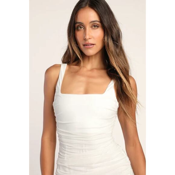 NWT Lulus V.I.P. Treatment White Mesh Ruched Bodycon Midi Dress Party Sexy Sz M - Picture 9 of 10